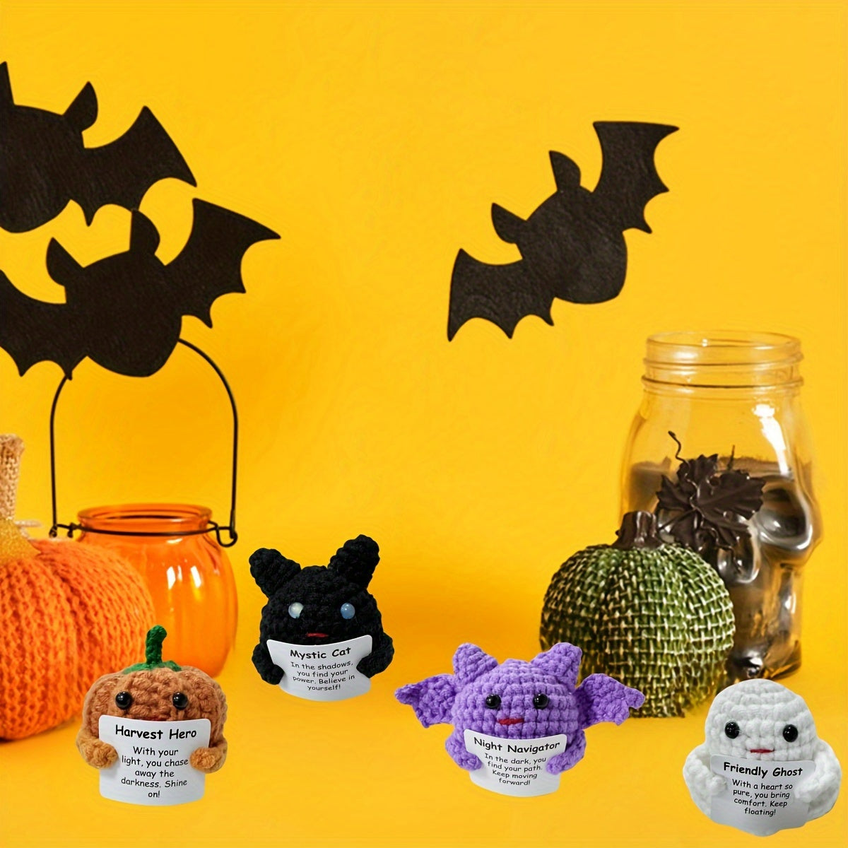 Halloween Knitted Wool Miniature Toy Set with Inspirational Cards - 2/4pcs Cotton Handmade Crochet Dolls for Encouragement, Party Favors, and Halloween Decor - General Fit, Electricity-Free, Featherless, Suitable for Ages 14+