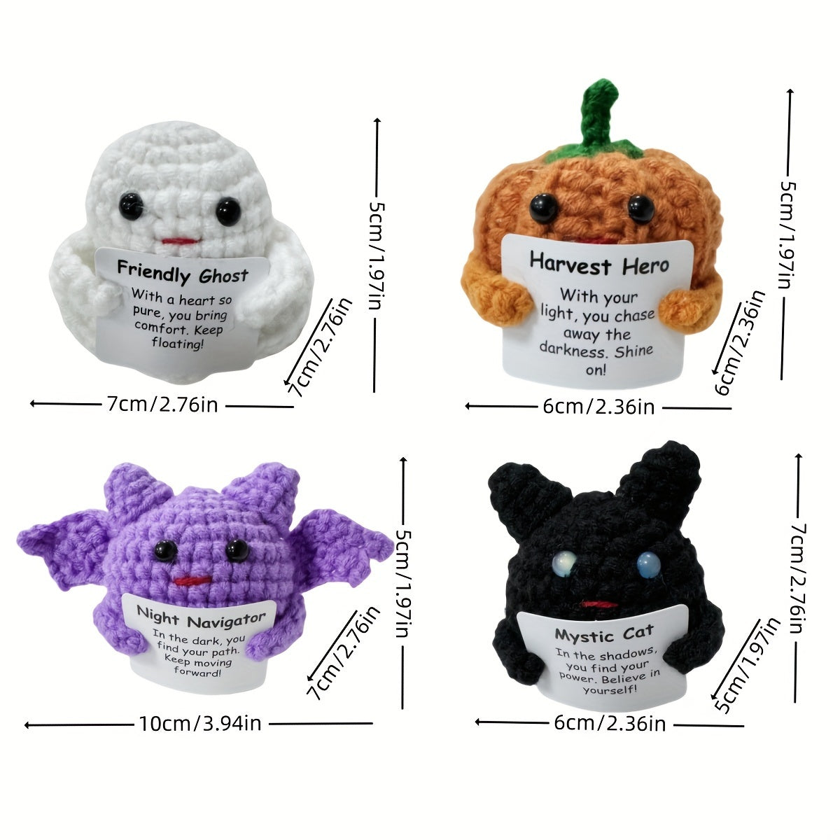 Halloween Knitted Wool Miniature Toy Set with Inspirational Cards - 2/4pcs Cotton Handmade Crochet Dolls for Encouragement, Party Favors, and Halloween Decor - General Fit, Electricity-Free, Featherless, Suitable for Ages 14+