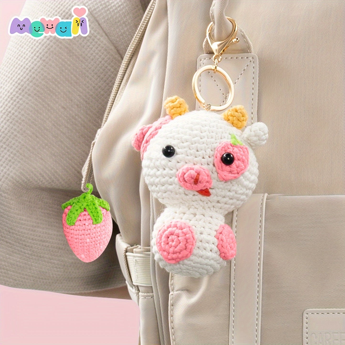Mewaii Strawberry Pink Cow Crochet Kit For Beginners, Complete DIY Crochet Kit Animals With 40%+ Pre-Started Tape Yarn Step-by-Step Video Tutorials Halloween Birthday Easter Christmas Gift