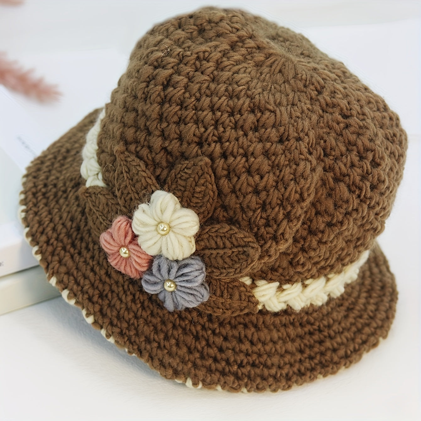 Vintage Flower Crochet Bucket Hat Thick Coldproof Basin Hats Warm Fisherman Cap For Women daily use Autumn & Winter