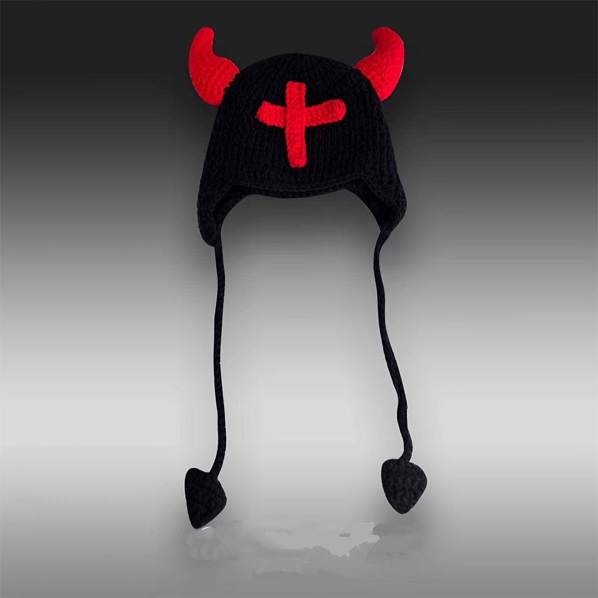Gothic Cross Horns Crochet Beanie Black Red Color Block Ear Flap Hat Lightweight Warm Skull Cap Viking Beanies For Women Men Autumn & Winter