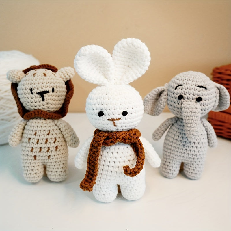 Handcrafted Crochet Animal Plush Toys - Elephant, Lion & Bunny - Soft Cotton Play Dolls in Khaki/Grey/White - Perfect Keepsake Gift