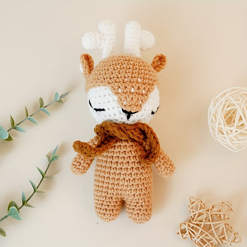 Handmade Crochet Baby Deer Comfort Toy, Pure Cotton Stuffed Animal for Newborns and Toddlers, Chinese Mainland Crafted, Ideal First Christmas Gift for Ages 0-8 Years