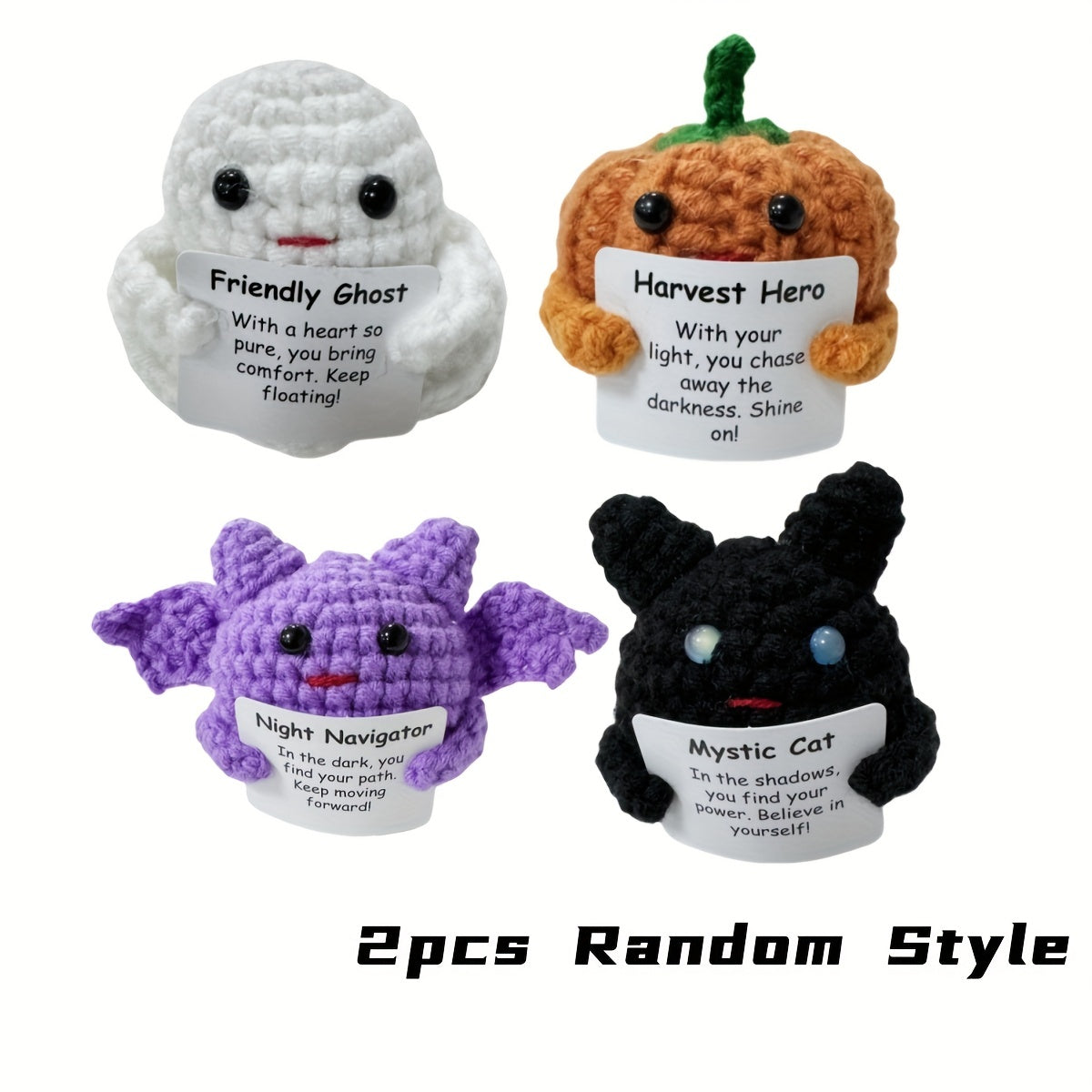 Halloween Knitted Wool Miniature Toy Set with Inspirational Cards - 2/4pcs Cotton Handmade Crochet Dolls for Encouragement, Party Favors, and Halloween Decor - General Fit, Electricity-Free, Featherless, Suitable for Ages 14+